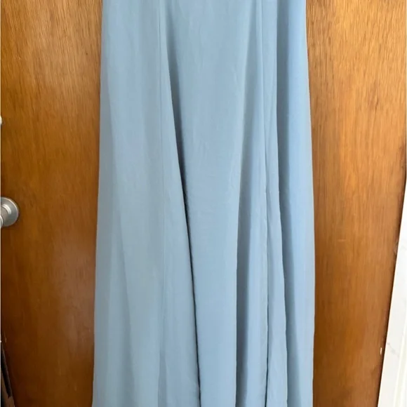 David’s Bridal Dusty Blue Chiffon Cowl Neck Bridesmaids Dress Gown with Slit - Picture 4 of 5